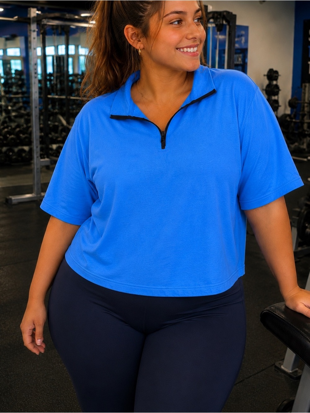Blue Cropped Quarter-Zip Active Tee Women’s Plus Size 2X Cropped Casual Summer